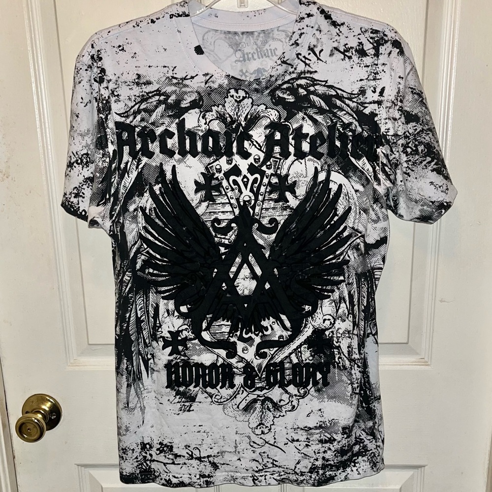 ARCHAIC By Affliction Men’s Short Sleeve Honor & Glory Saints Prayer Shirt. Sz M